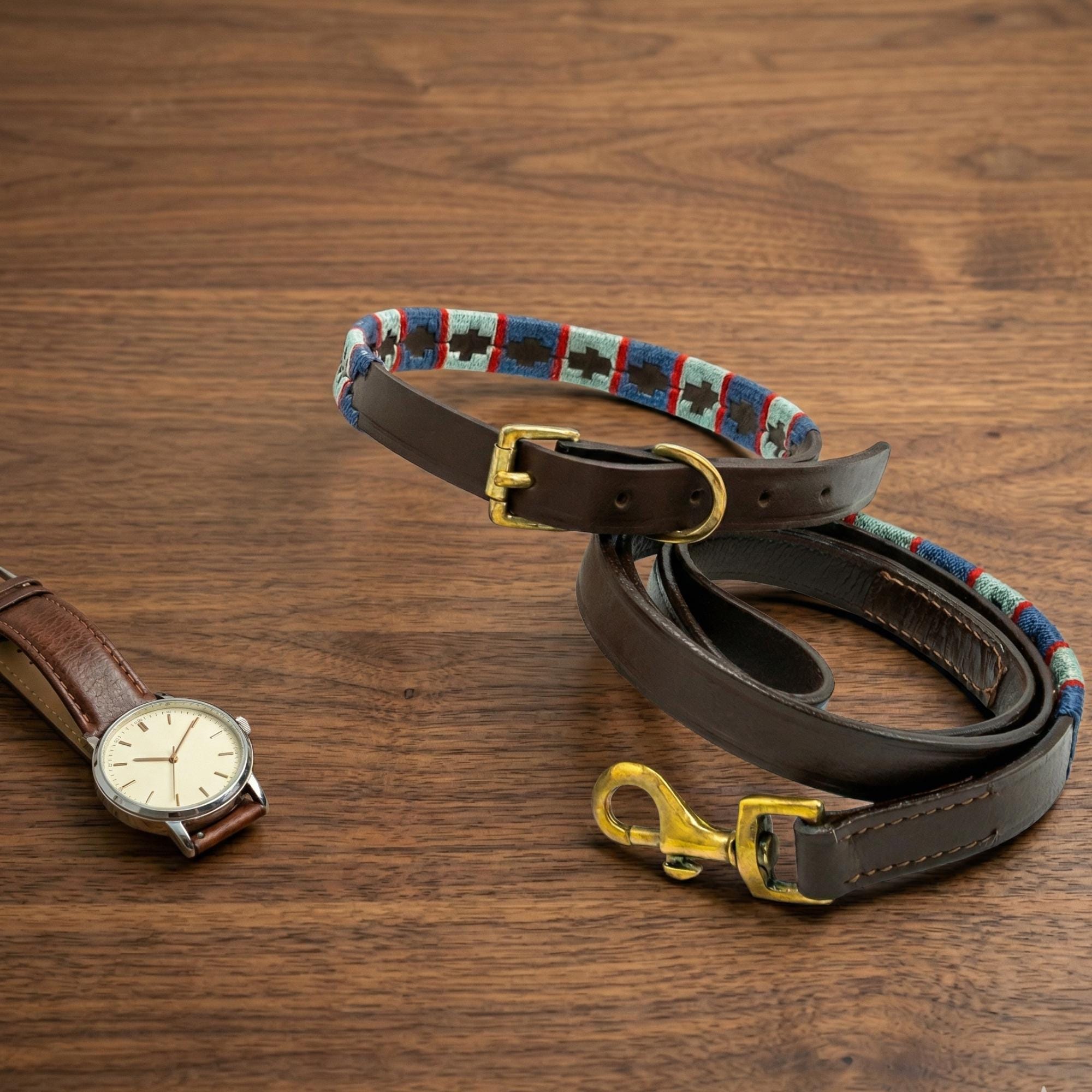 Handmade Leather Dog Collar and Lead Set - adjustable vintage-style dog set - product photo 1