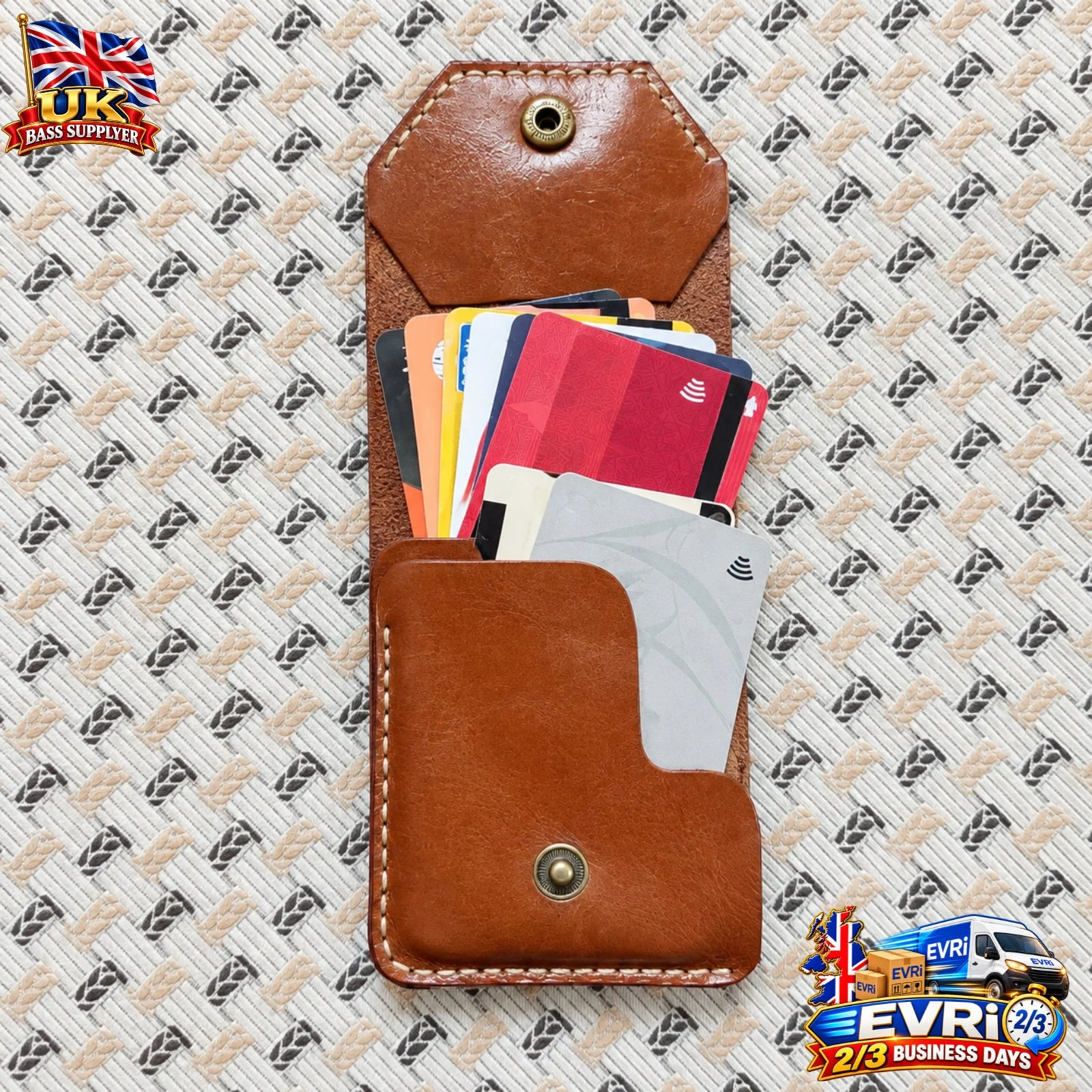Snap wallet open showing card slots with colourful cards