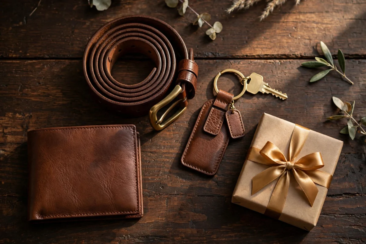 Flat lay of leather gifts for men - handmade leather wallet, belt, card holder, bag and accessories arranged on a rustic background