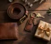 Flat lay of leather gifts for men - handmade leather wallet, belt, card holder, bag and accessories arranged on a rustic background