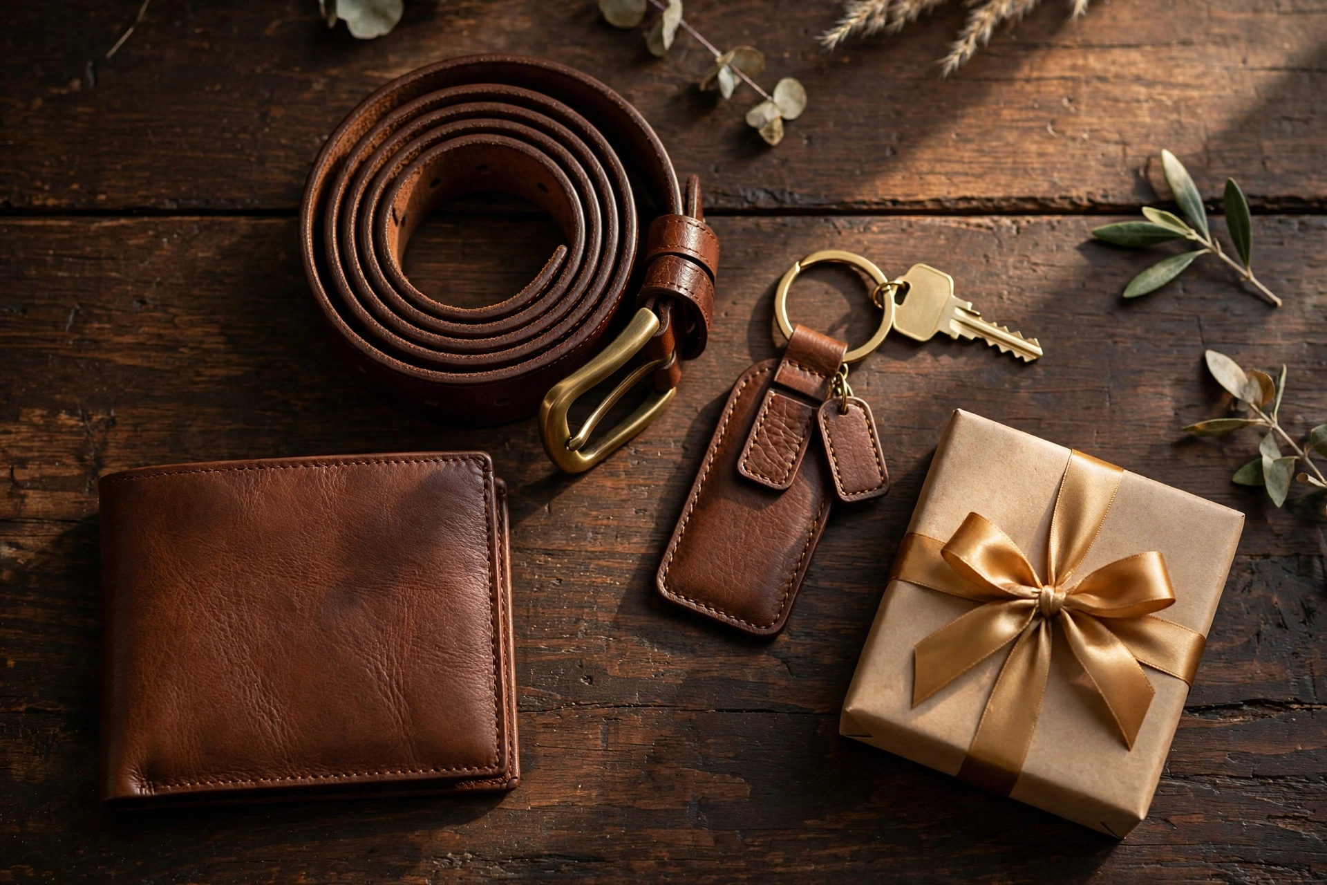 Flat lay of leather gifts for men - handmade leather wallet, belt, card holder, bag and accessories arranged on a rustic background