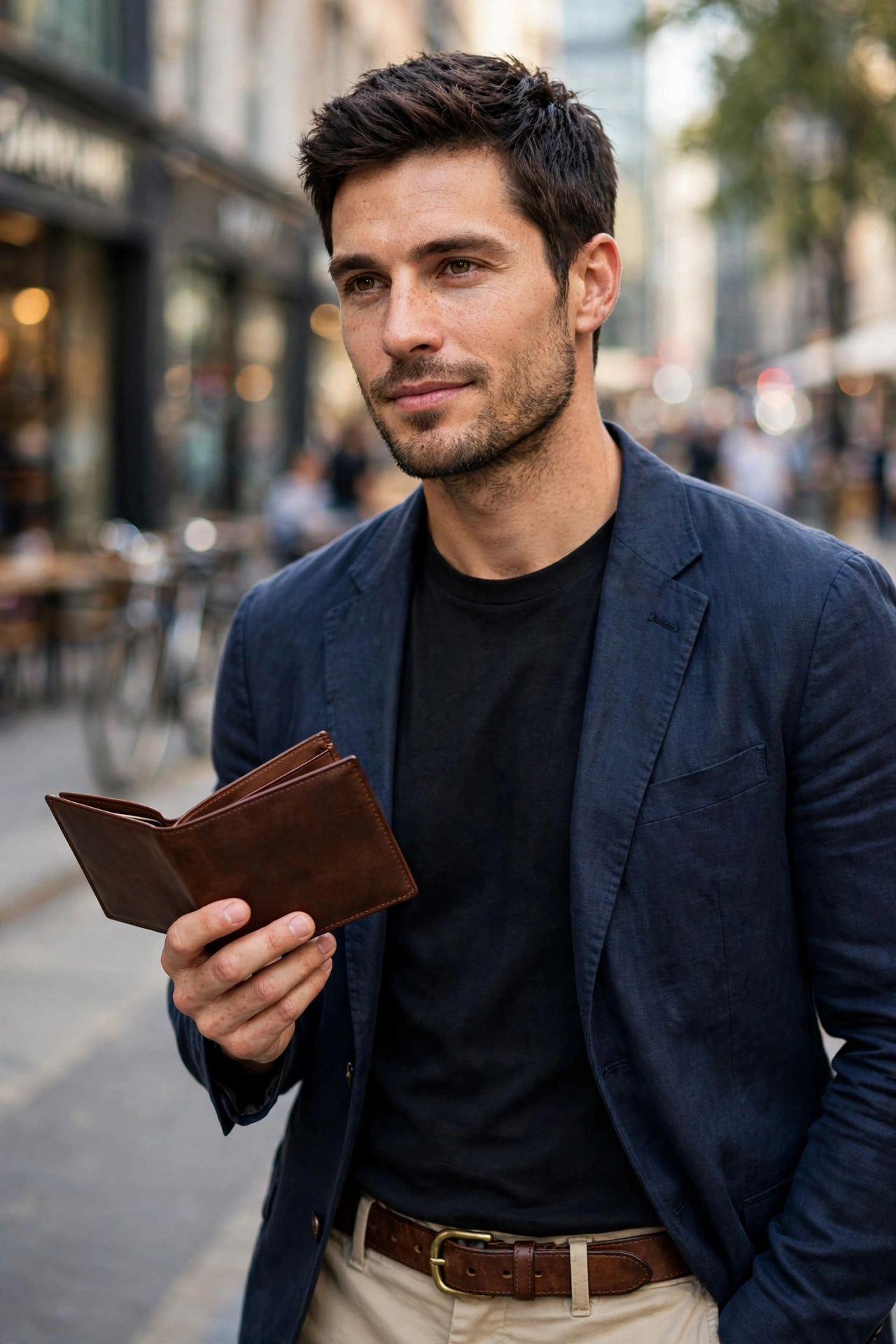 Stylish man carrying a handmade leather bag - leather gifts for men lifestyle photo